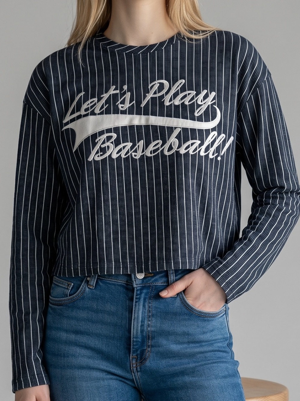 Forever 21 Navy Pinstripe Long-Sleeve Tee with 'Let's Play Baseball' Graphic